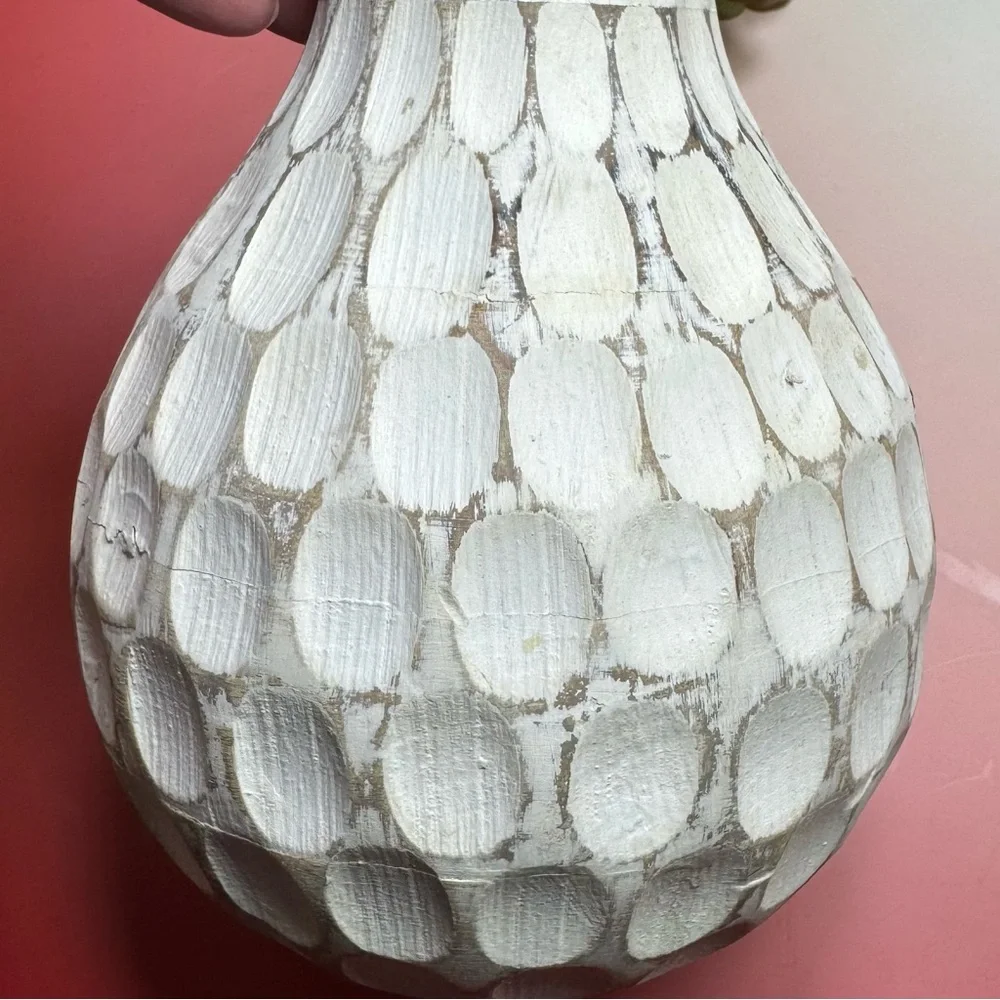 Pier One carved wood white wash divot vase